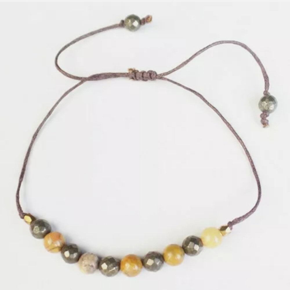 New Yellow Crazy Lace Agate Pyrite Ball Hand-knitted Adjustable Bracelet.